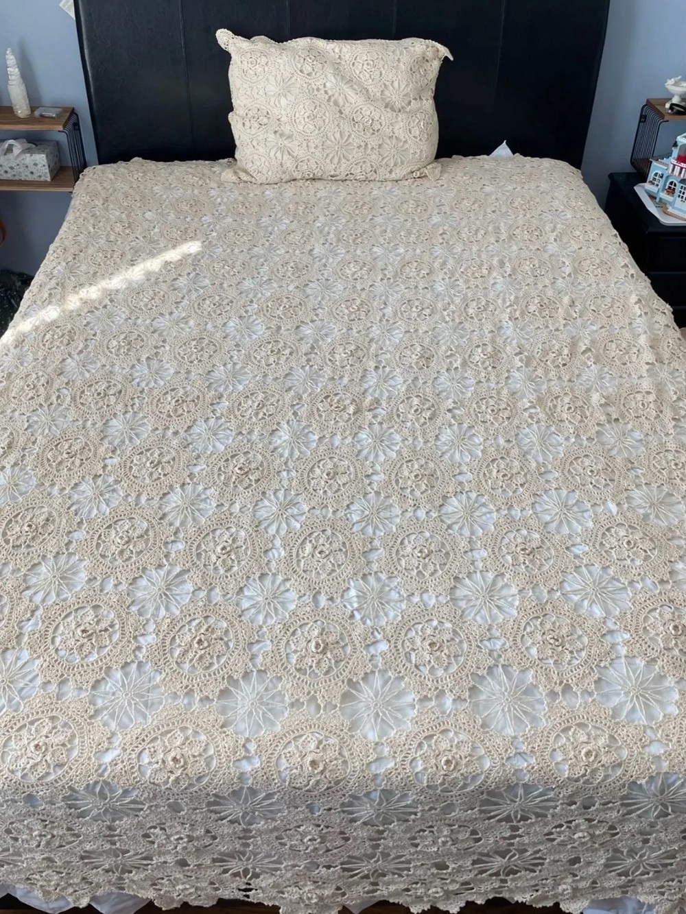 Vintage Cream Crocheted Coverlet w Matching Pillow Sham